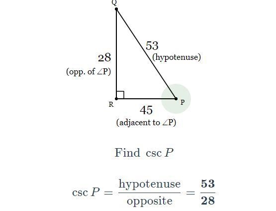 In ΔPQR, the measure of ∠R=90°, QP = 29, RQ = 21, and PR = 20. What ratio represents-example-1