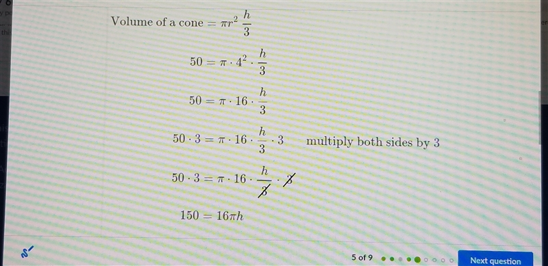 Cone with radius 4 units is shown below. Its volume is 50 cubic units. Find the height-example-1