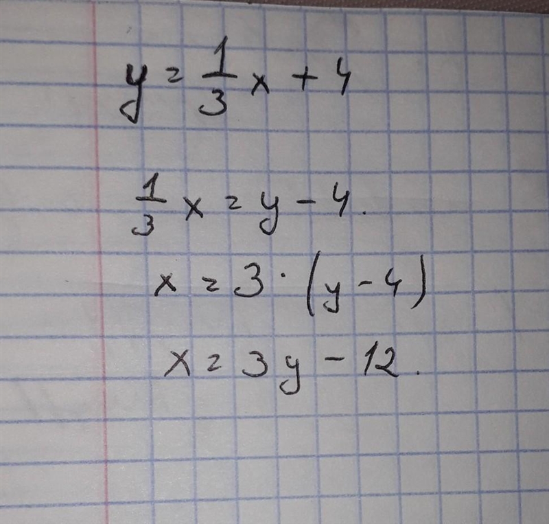 Rearrange to make x the subject: y=1/3 x+4-example-1