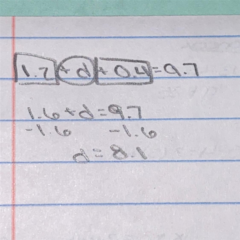 Solve for d. 1.2+d+0.4=9.7 Enter your answer as a decimal in the box.-example-1