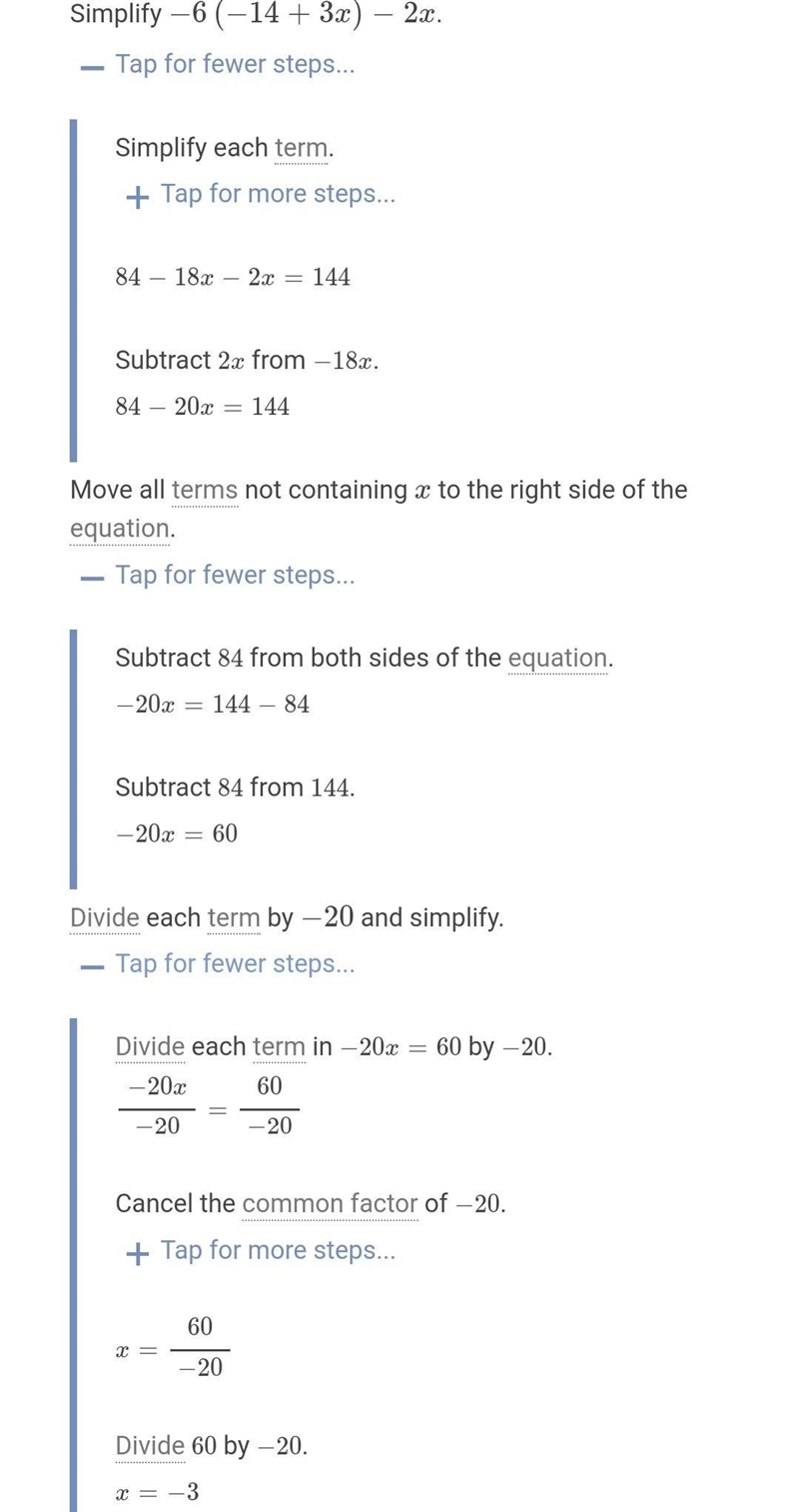 NEED HELP PLZ ASAP WHAT IS X -6(-14+3x)-2x=144-example-1