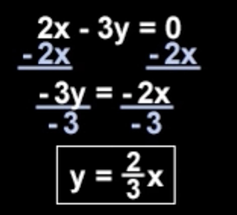 2x-3y=0 in slope intercept form, show all steps please!-example-1