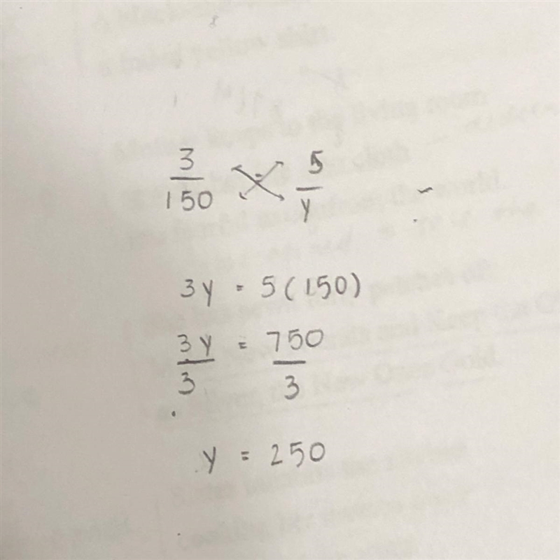 Suppose y varies directly as x. If y = 150 when x = 3, find y when x = 5.-example-1