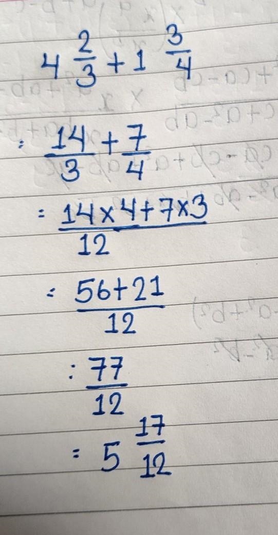 Work out, giving your answer as a mixed number: 4 2/3 + 1 3/4-example-1