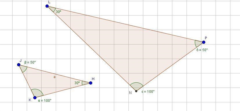 Read the proof. Given: m∠H = 30°, m∠J = 50°, m∠P = 50°, m∠N = 100° Prove: △HKJ ~ △LNP-example-1