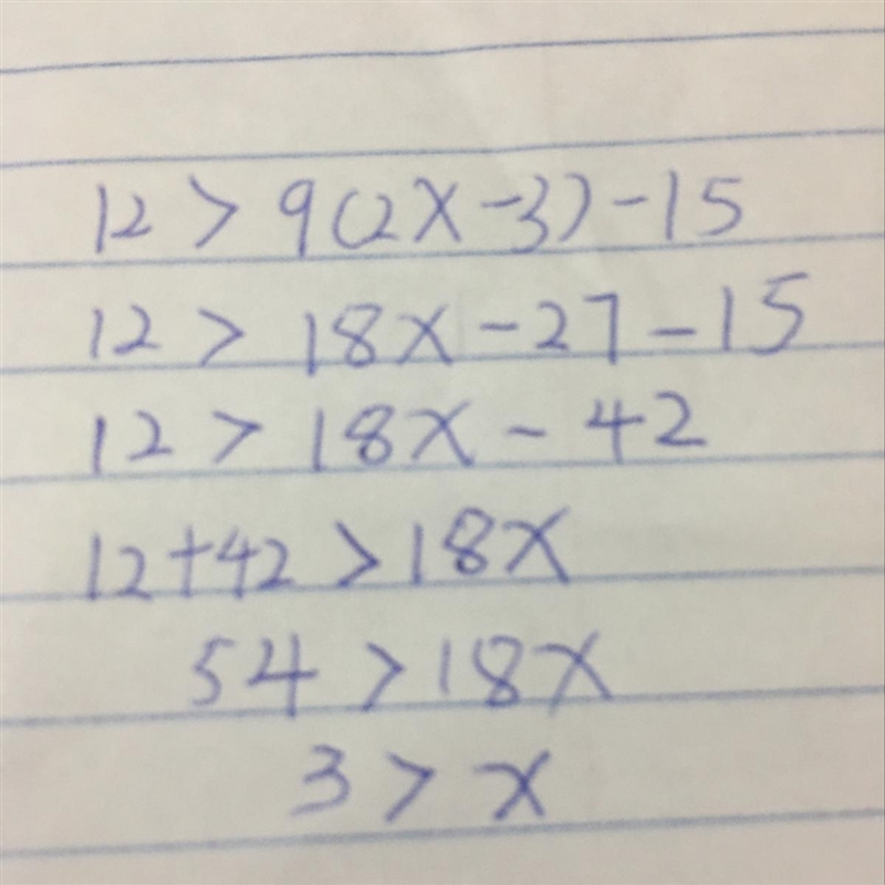 2. Solve the inequality for x. Show each step of the solution. 12x > 9 (2x -3) - 15-example-1