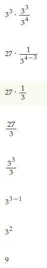 What is the simplified expression for 3^3• 3^3/3^4? A. 3^0 B.3^1 C.3^2 D.3^4​-example-1