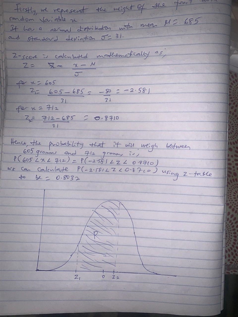 A particular fruit's weights are normally distributed, with a mean of 685 grams and-example-1