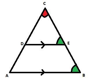 Read the proof. Given: AB ∥ DE Prove: △ACB ~ △DCE Triangle A B C is shown. Line D-example-1