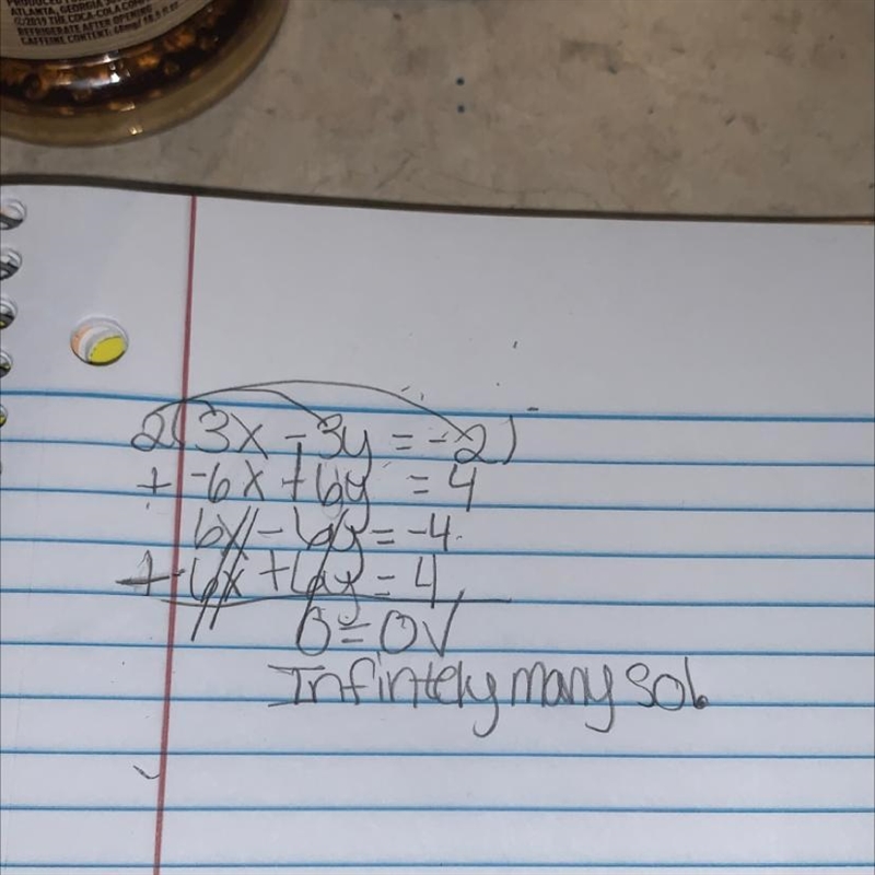 Solve using elimination 3x-3y=-2, -6x+6y=4 (please show your work if possible)-example-1