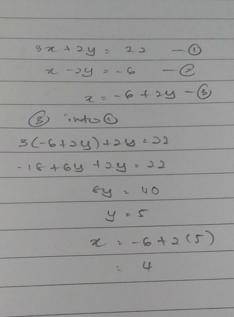 . Solve the system of equations 3x + 2y = 22 and x - 2y = -6. solve system of equations-example-1