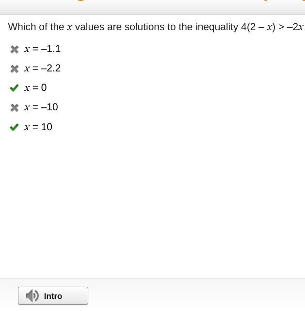 Which of the x values are solutions to the inequality 4(2-x)>-2x-3(4x+1)? Check-example-1