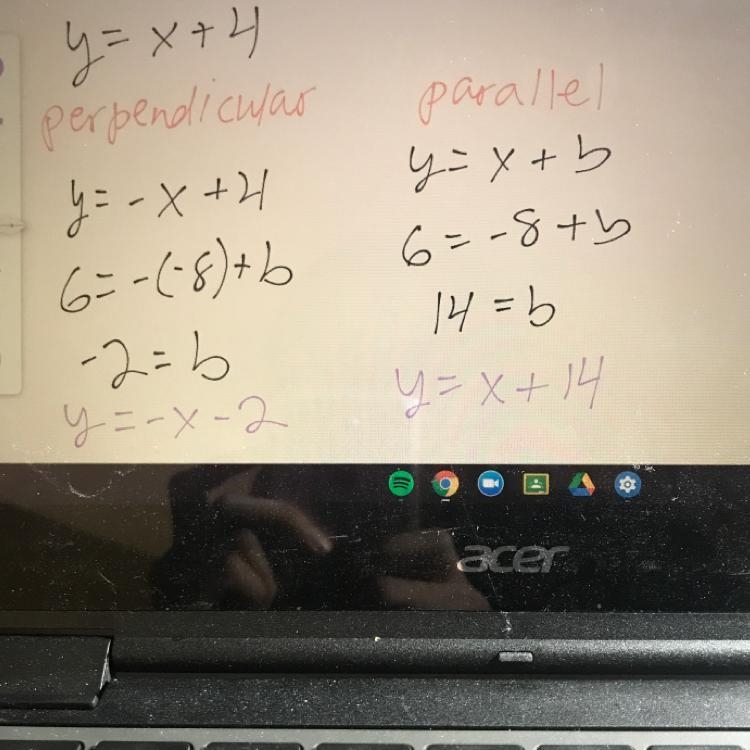 Consider the line y = x+4. Find the equation of the line that is perpendicular to-example-1