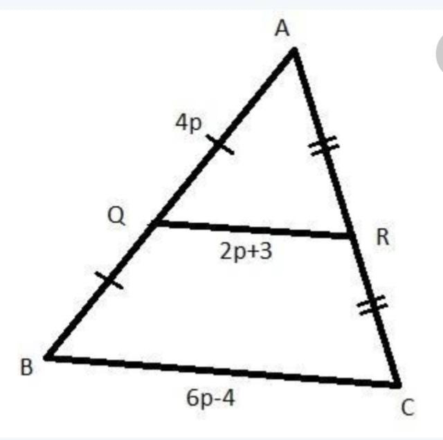 points Q and R are midpoints of the sides of triangle ABC. Triangle A B C is cut by-example-1