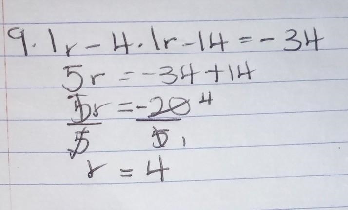 Solve 9.1r - 4. lr - 14= -34-example-1