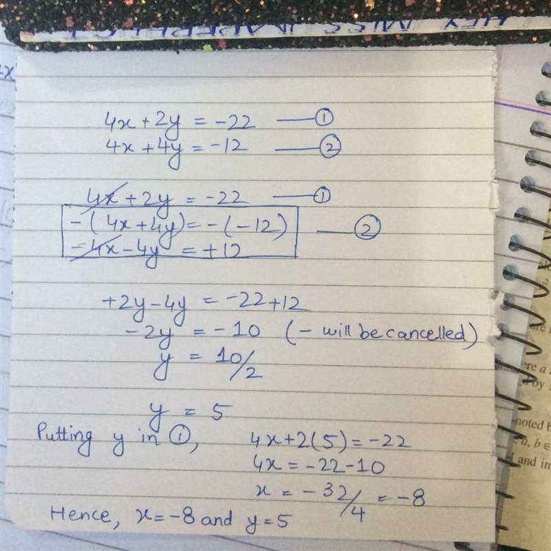 4x + 2y = –22 and 4x + 4y = -12-example-1