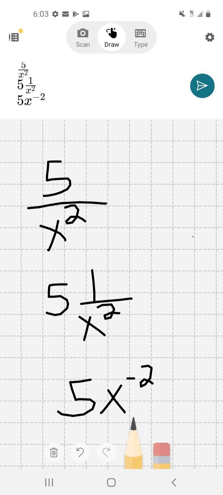 Rewrite using a negative exponent. 5/x²-example-1