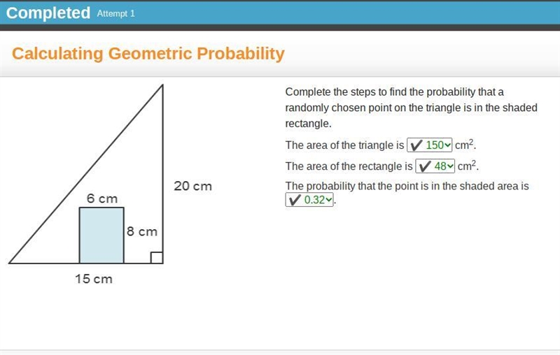 Complete the steps to find the probability that a randomly chosen point on the triangle-example-1