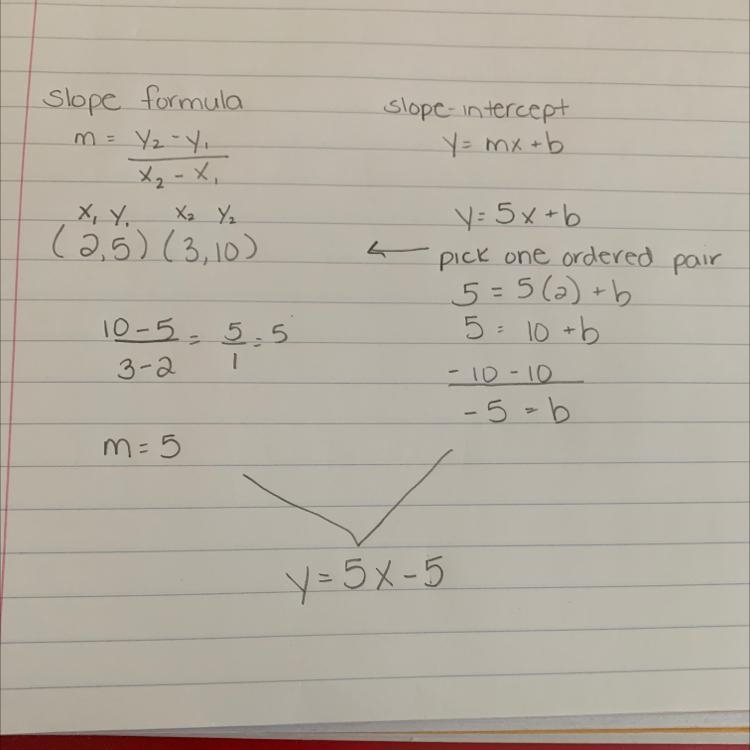 Question 19 Write the equation of the line that passes through the points (2, 5) and-example-1