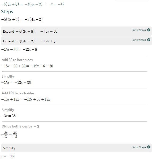 -5(3x+6)=-3(4x-2) Solve for x please! Show work to prove your answer.-example-1