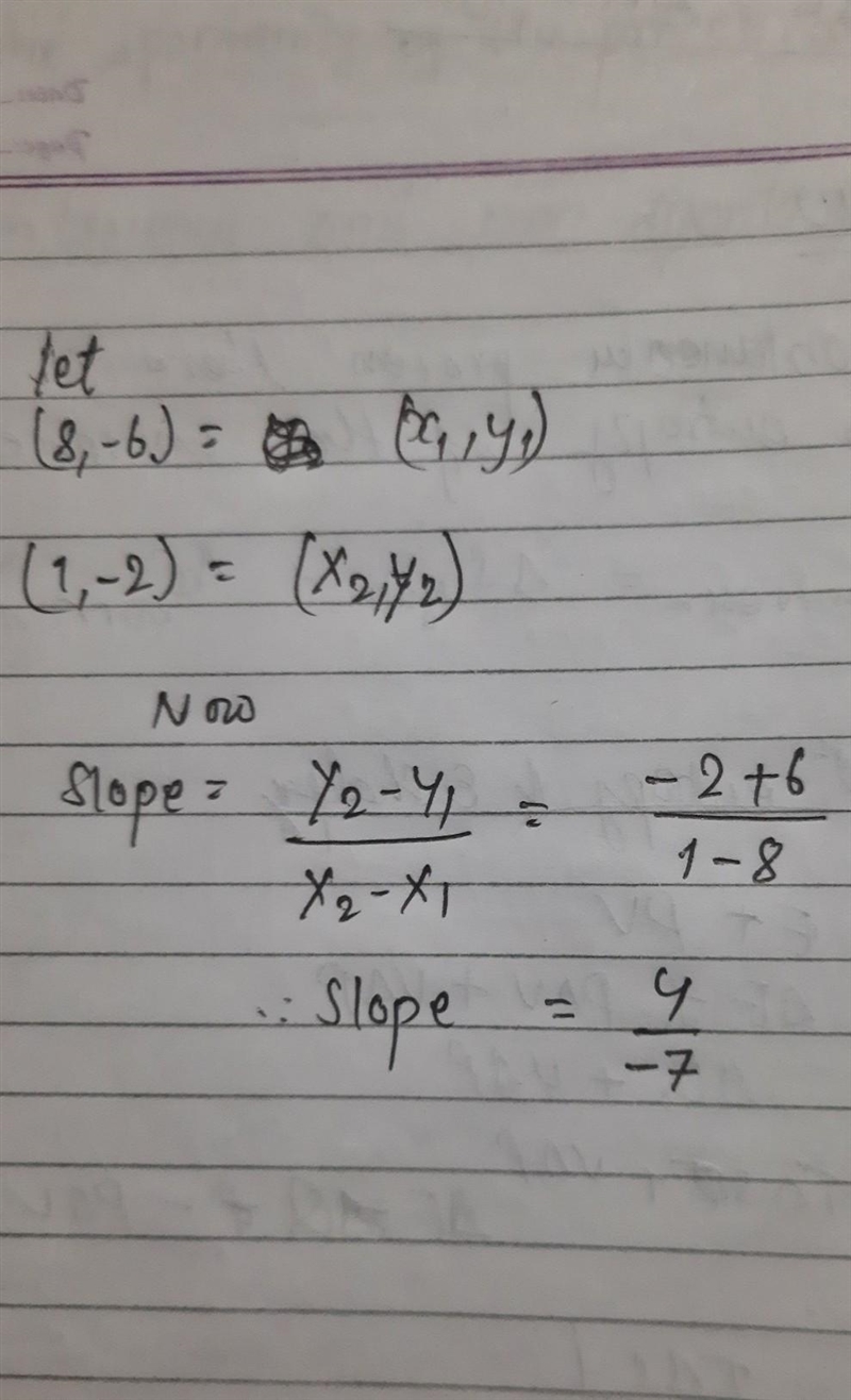 Find the slope of the line passing through the points (8,-6) and (1, -2).​-example-1