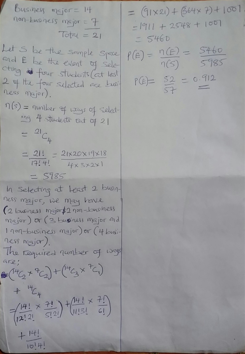 In a business class there are 14 business majors and 7 non-business majors. 4 students-example-1