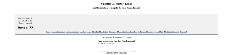 Find the range of the data. 98, 21, 52, 39, 45, 76-example-1