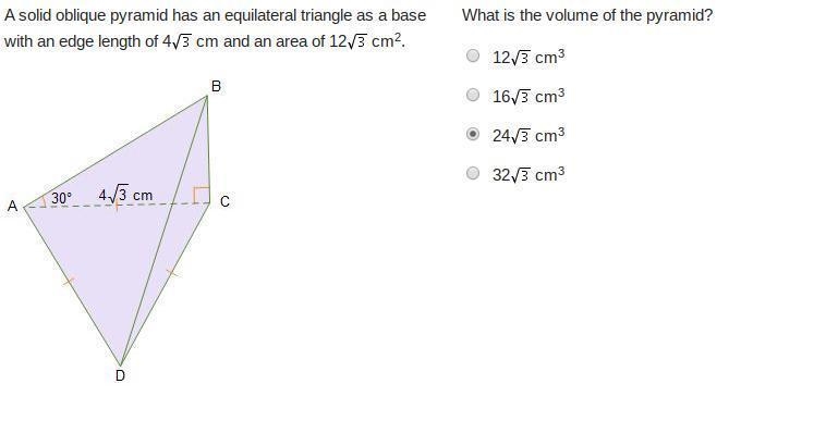 A solid oblique pyramid has an equilateral triangle as a base with an edge length-example-1