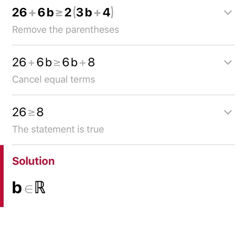 Solve the inequality. Graph the solution set. 26 + 6b ≥ 2(3b + 4)-example-1