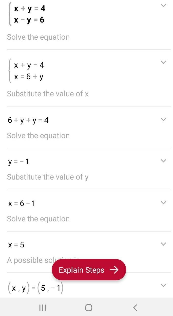 What is the solution to this system of linear equations? x + y = 4 x − y = 6 Group-example-1