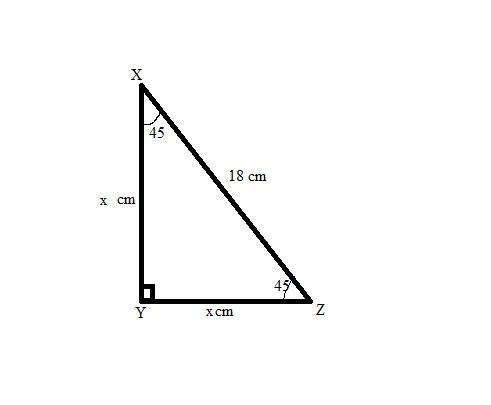 The hypotenuse of a 45°-45°-90° triangle measures 18 cm. A right triangle is shown-example-1