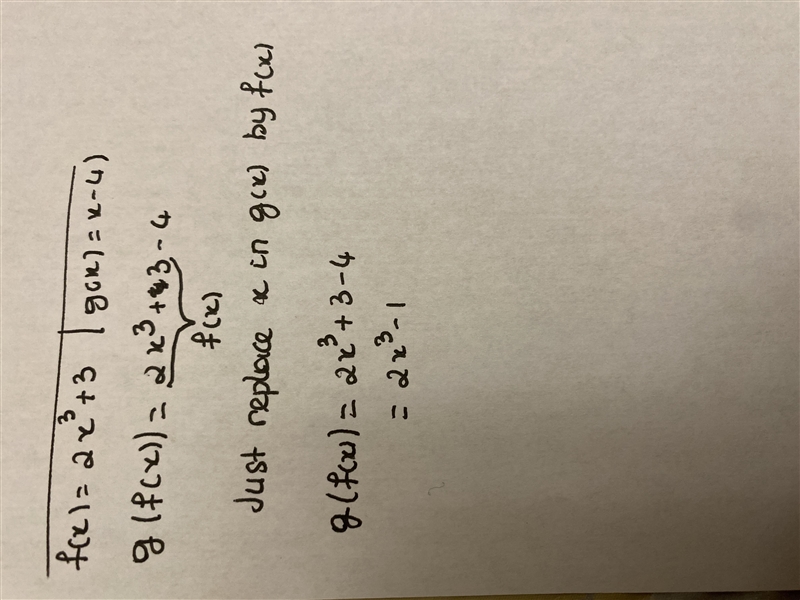 F(x)=2x^3+3 g(x)= x-4 what is the value of g(f(x))? A. 2x^3-1 B. 2x^4-4x^3+3x-12 C-example-1