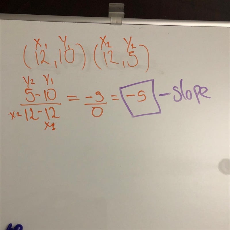 Find the slope of the line that passes through the pair of points. (12, 10), (12, 5)-example-1