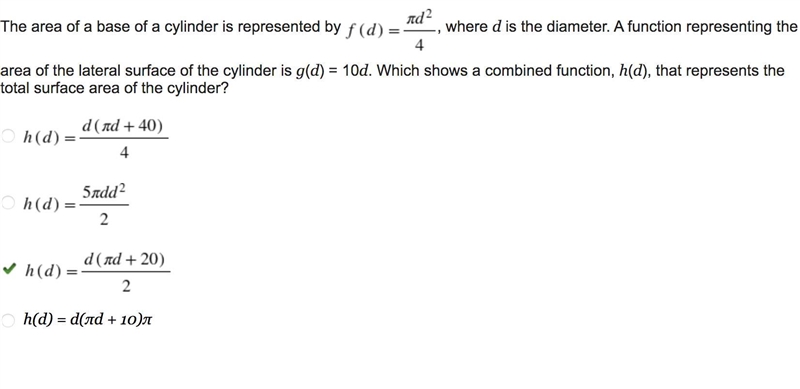 QUESTION: The area of a base of a cylinder is represented by , where d is the diameter-example-1