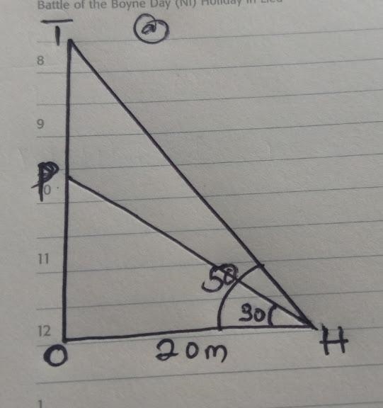 A point H is 20m away from the foot of a tower on the same horizontal ground. From-example-1