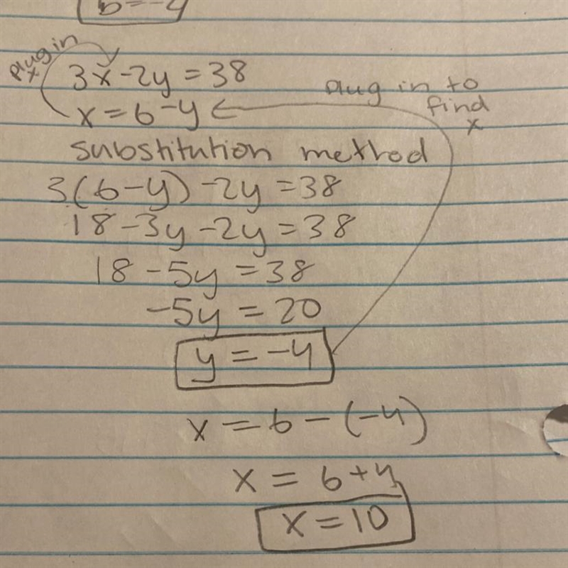 3x - 2y = 38 x = 6 - y Choose a solving method to find the solution (if possible provide-example-1