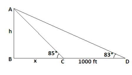 To measure the height of a mountain, a surveyor took two sightings, one 1000 feet-example-1