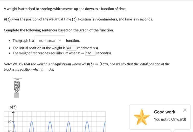 A weight is attached to a spring, which moves up and down as a function of time. p-example-1