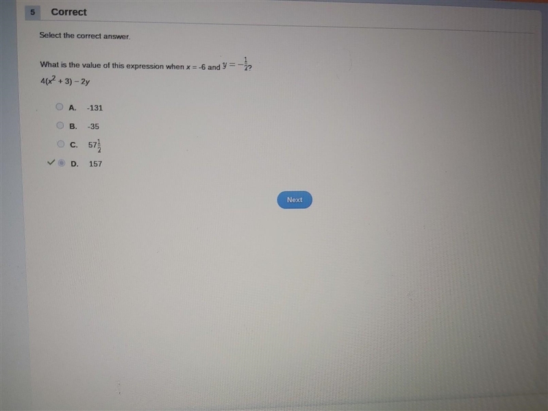 What is the value of this expression when x = -6 and y =1/2? 4(x^2 + 3) − 2y-example-1