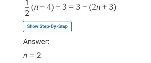 What is the value of n in the equation 1/2(n-4)-3=3-(2n+3) ? n = 0 n = 2 n = 4 n = 6-example-1