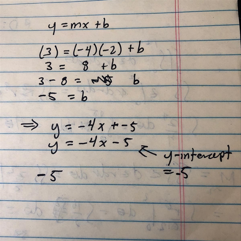 A line goes through the point (-2/3) and has a slope of -4 what is the y intercept-example-1