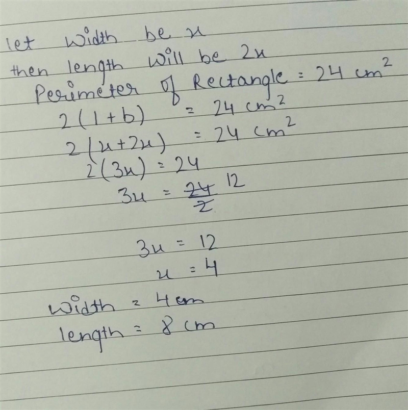 The length of a rectangle is twice the width.The perimeter of the rectangle is 24.What-example-1