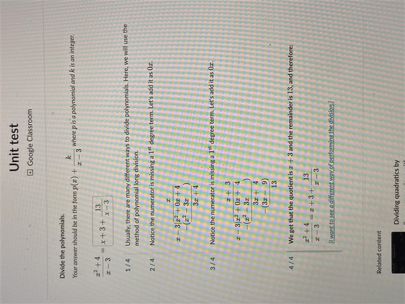 Divide the polynomials. Your answer should be in this form p(x)+k/ x-3 where p is-example-1