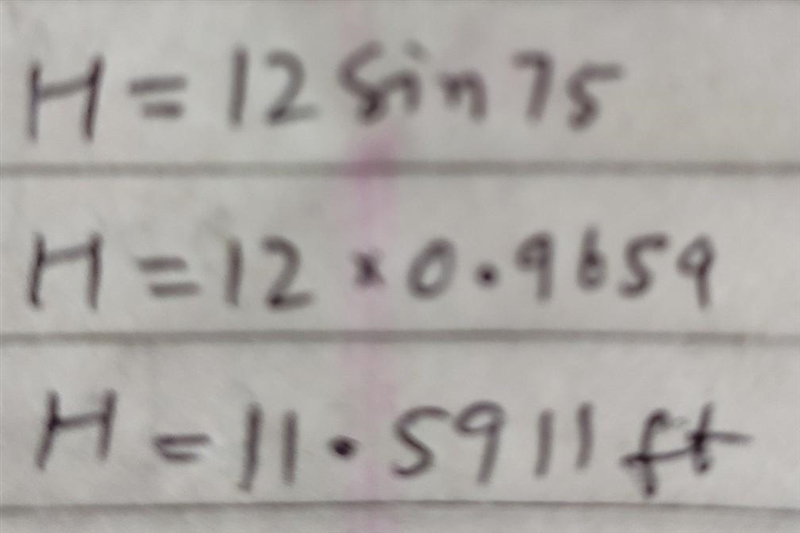 A 12 foot extension ladder makes a 75 degree angle with the ground, which is level-example-1