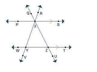 Lines P S and W T are horizontal and parallel. Lines V R and Q R are diagonal and-example-1