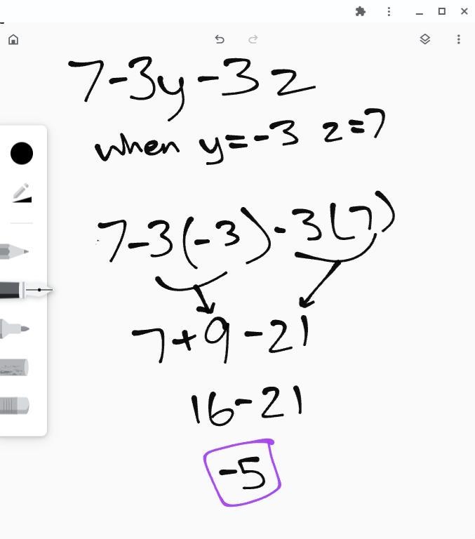 Evaluate the expression for x=5, y=-3 and z=7 7 - 3y – 3z-example-1