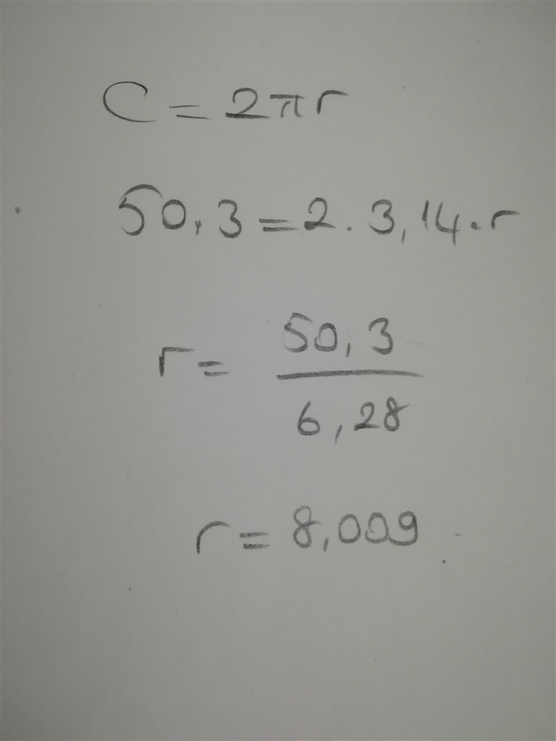 The circumference of a circle is 50.3 ft. Find the radius of the circle in feet rounded-example-1