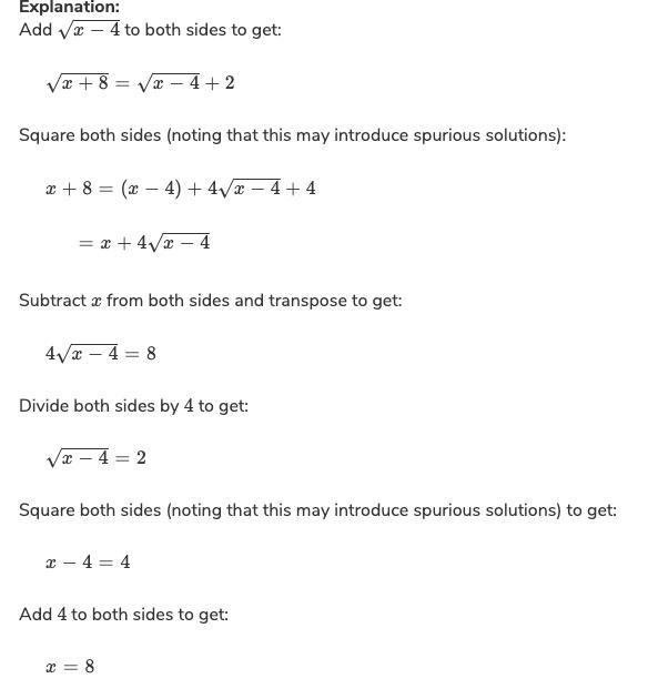 Solve and show your work. √(x+8)-√(x-4)=2-example-1