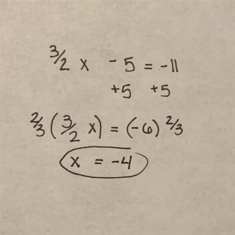 Solve the equation. 3/2x -5 = -11-example-1