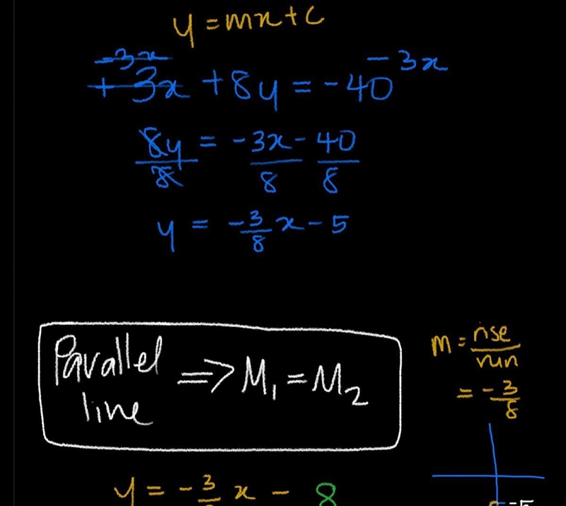 Which equation represents a line which is parallel to the line 3x + 8y = - 40 ?-example-1